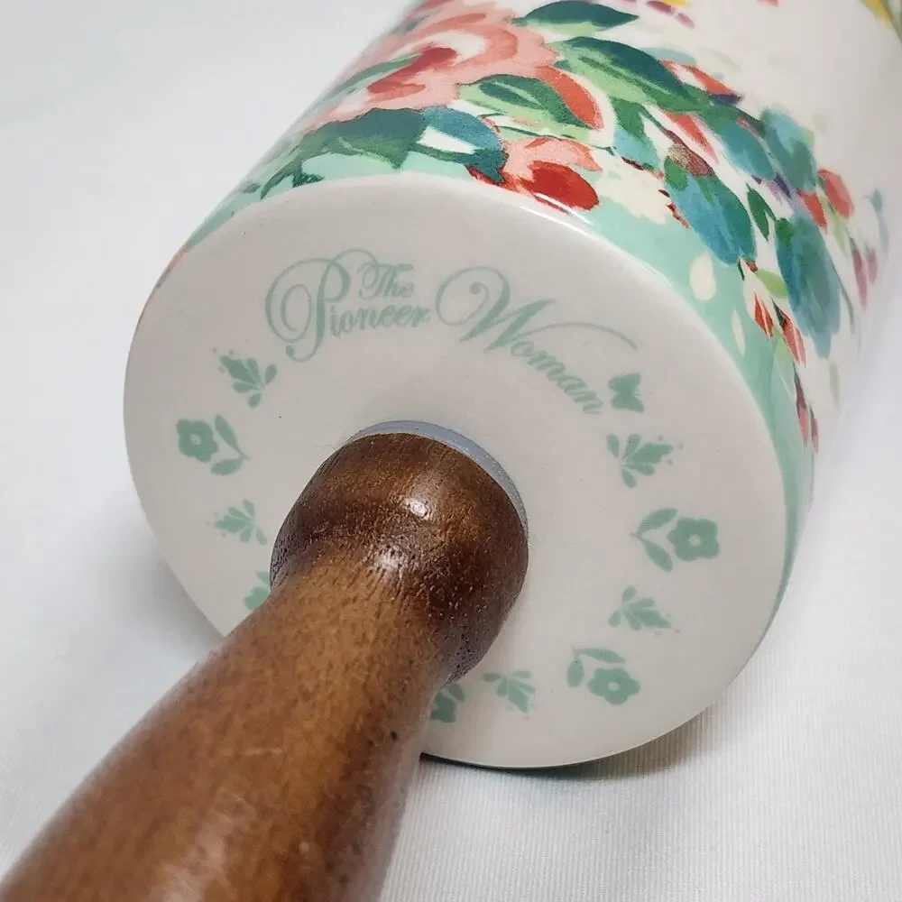 Pioneer Woman Rolling Pin PAINTED MEADOWS Stonewear Floral Acacia Wood Handles